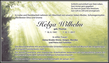 Traueranzeige von Helga Wilhelm von Südthüringer Presse