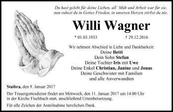 Traueranzeige von Willi Wagner von Neue Presse Coburg