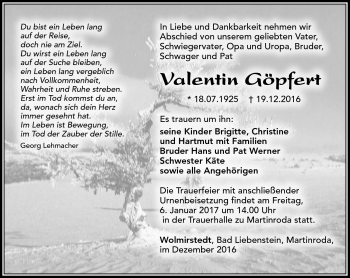 Traueranzeige von Valentin Göpfert von Südthüringer Presse