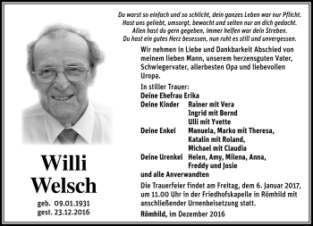 Traueranzeige von Willi Welsch von Südthüringer Presse
