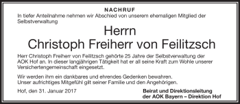 Traueranzeige von Christoph von Feilitzsch von Frankenpost