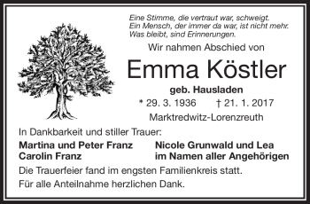 Traueranzeige von Emma Köstler von Frankenpost