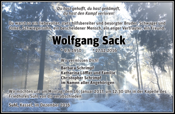 Traueranzeige von Wolfgang Sack von Südthüringer Presse
