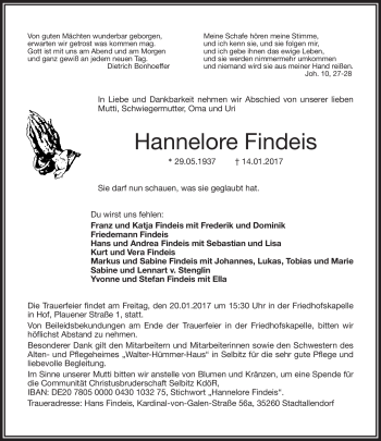 Traueranzeige von Hannelore Findeis von Frankenpost