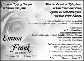 Traueranzeige von Emma Frank von Südthüringer Presse