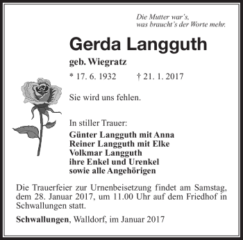 Traueranzeige von Gerda Langguth von Südthüringer Presse