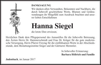 Traueranzeige von Hanna Siegel von Südthüringer Presse