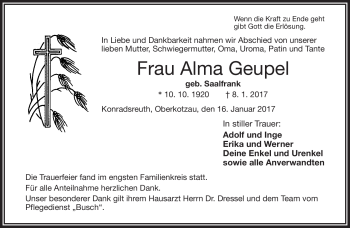 Traueranzeige von Alma Geupel von Frankenpost