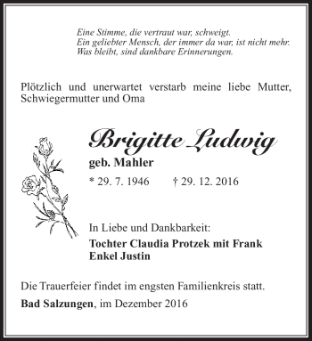 Traueranzeige von Brigitte Ludwig von Südthüringer Presse