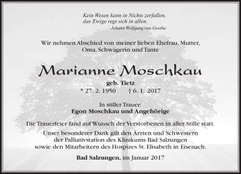 Traueranzeige von Marianne Moschkau von Südthüringer Presse