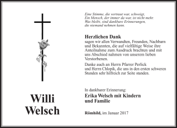 Traueranzeige von Willi Welsch von Südthüringer Presse