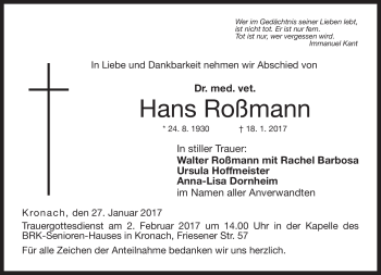 Traueranzeige von Hans Roßmann von Neue Presse Coburg
