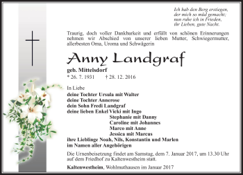 Traueranzeige von Anny Landgraf von Südthüringer Presse