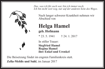 Traueranzeige von Helga Hamel von Südthüringer Presse