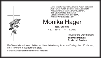 Traueranzeige von Monika Hager von Frankenpost