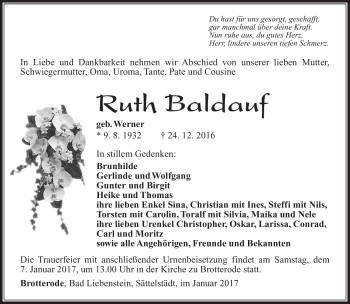 Traueranzeige von Ruth Baldauf von Südthüringer Presse