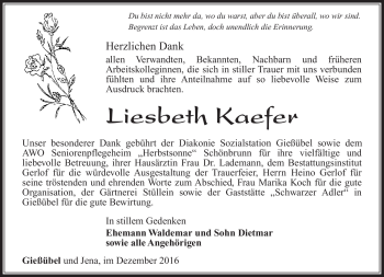 Traueranzeige von Liesbeth Kaefer von Südthüringer Presse