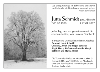 Traueranzeige von Jutta Schmidt von Südthüringer Presse