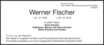 Traueranzeige von Werner Fischer von Neue Presse Coburg