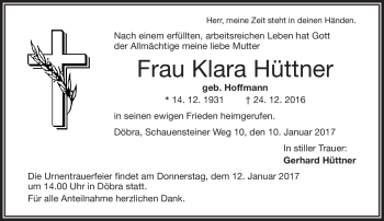 Traueranzeige von Klara Hüttner von Frankenpost