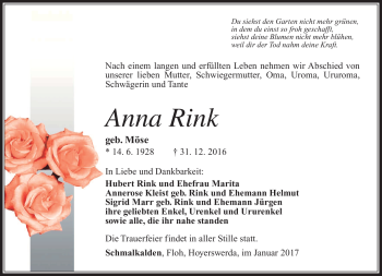 Traueranzeige von Anna Rink von Südthüringer Presse