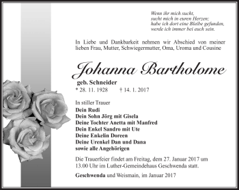 Traueranzeige von Johanna Bartholome von Südthüringer Presse