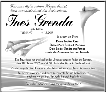 Traueranzeige von Ines Grenda von Südthüringer Presse