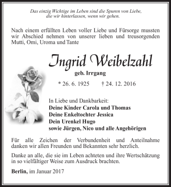 Traueranzeige von Ingrid Weibelzahl von Südthüringer Presse