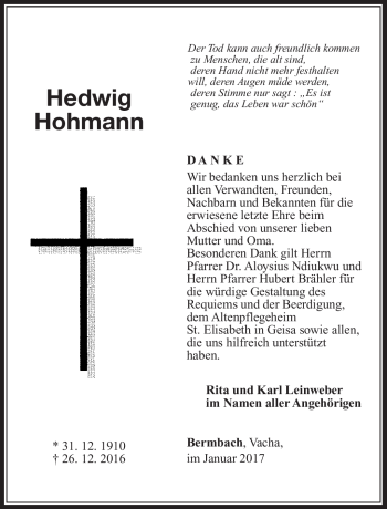 Traueranzeige von Hedwig Hohmann von Südthüringer Presse