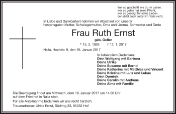 Traueranzeige von Ruth Ernst von Frankenpost