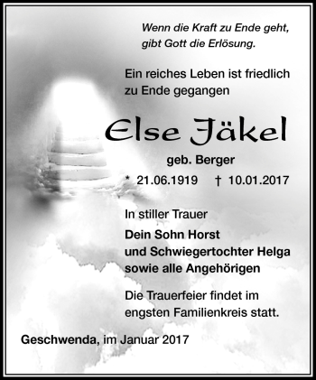 Traueranzeige von Else Jäkel von Südthüringer Presse