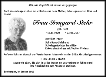 Traueranzeige von Irmgard Stehr von Südthüringer Presse