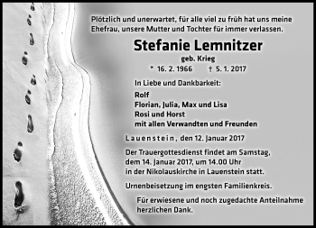 Traueranzeige von Stefanie Lemnitzer von Neue Presse Coburg