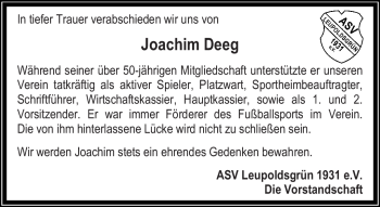 Traueranzeige von Joachim Deeg von Frankenpost