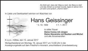 Traueranzeige von Hans Geissingerq von Neue Presse Coburg