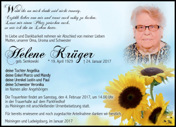 Traueranzeige von Helene Krüger von Südthüringer Presse