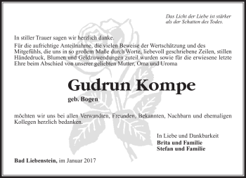 Traueranzeige von Gudrun Kompe von Südthüringer Presse