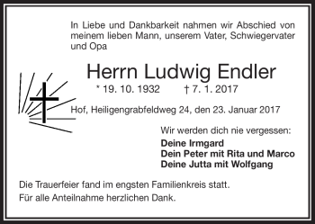 Traueranzeige von Ludwig Endler von Frankenpost
