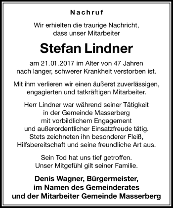 Traueranzeige von Stefan Lindner von Südthüringer Presse