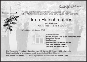 Traueranzeige von Irma Hutschreuther von Frankenpost