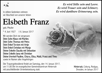 Traueranzeige von Elsbeth Franz von Südthüringer Presse