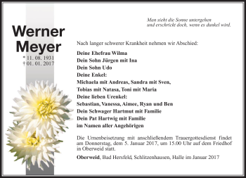 Traueranzeige von Werner Meyer von Südthüringer Presse