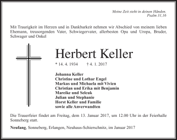 Traueranzeige von Herbert Keller von Südthüringer Presse