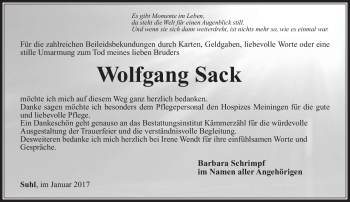 Traueranzeige von Wolfgang Sack von Südthüringer Presse