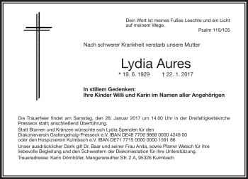 Traueranzeige von Lydia Aures von Frankenpost