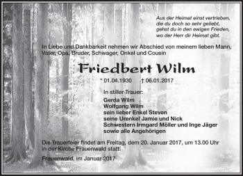 Traueranzeige von Friedbert Wilm von Südthüringer Presse