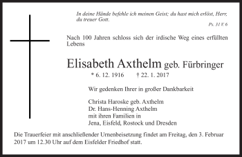 Traueranzeige von Elisabeth Axthelm von Südthüringer Presse