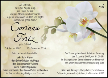 Traueranzeige von Corinna Fritz von Südthüringer Presse