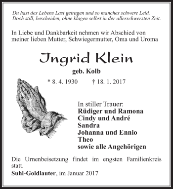 Traueranzeige von Ingrid Klein von Südthüringer Presse