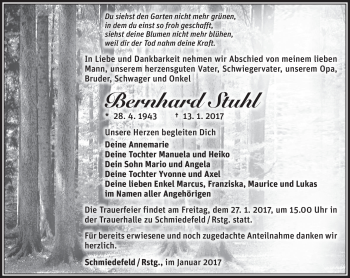 Traueranzeige von Bernahrd Stuhl von Südthüringer Presse